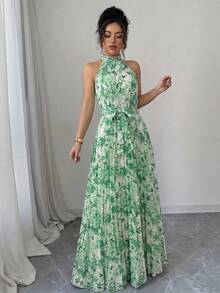 SHEIN Elenzya Ditsy Floral Ruffle Collar Pleated Waist A-Line Elegant Romantic Dress For Women, Suitable For Vacation - Multicolor - View 6
