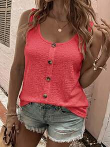 EMERY ROSE New Plus Size Women's Button Design Casual Versatile Round Neck Vest - Red - View 1