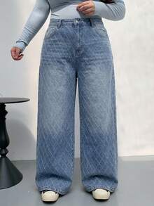 Dazy Plus Jeans de pierna ancha y larga de talla grande con efecto lavado y desgastado - Azul lavado medio - Ver 3