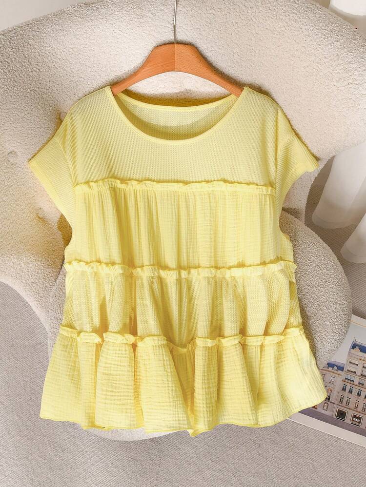 CosyJoli Áo thun nữ cỡ lớn màu vàng tươi, áo kiểu nữ thường ngày, áo thun nữ mùa xuân/hè, trang phục ngoài trời, áo kiểu chắp vá, áo kiểu viền bèo dễ thương, áo kiểu viền xếp ly, áo kiểu vàng thường ngày cho bé gái - Vàng nhạt - Xem 6