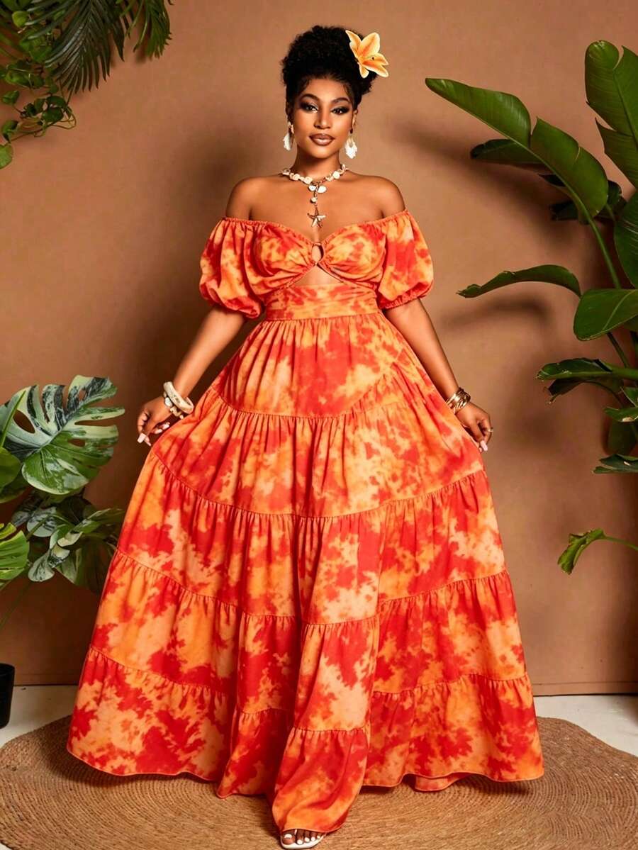 Maweii Plus Size Tie-Dye Print Off-Shoulder Casual Dress - Red - View 1