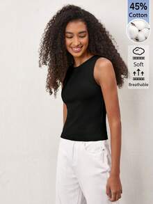 SHEIN BASICS 女款時尚百搭素色圓領細肩帶背心上衣，黑色女上衣 - 黑色 - 查看 6