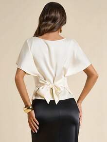 SHEIN BAE Women's Satin Batwing Sleeve Ruched Elegant Blouse,Summer Top - White - View 2