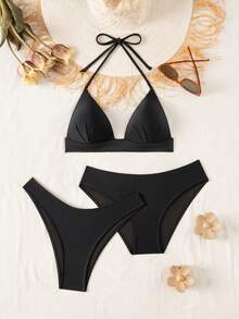 Swim Vcay Bộ bikini 3 món màu đen gồm áo croptop cổ yếm, quần lót cạp cao và quần đùi cạp cao, kiểu dáng thanh lịch, thích hợp cho mùa hè. - màu đen - Xem 1