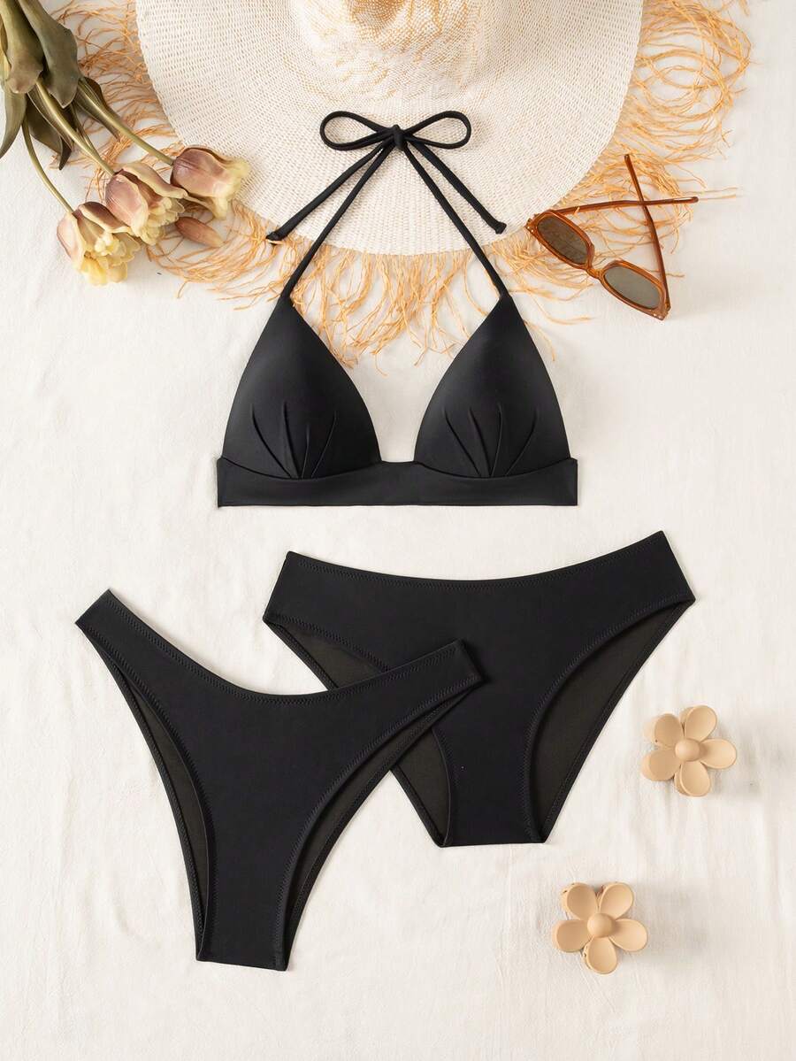 Swim Vcay Bộ bikini 3 món màu đen gồm áo croptop cổ yếm, quần lót cạp cao và quần đùi cạp cao, kiểu dáng thanh lịch, thích hợp cho mùa hè. - màu đen - Xem 1