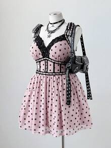 Sunspun Plus Size Women's Polka Dot Lace Print Sexy Sweet Dress - Pink - View 3