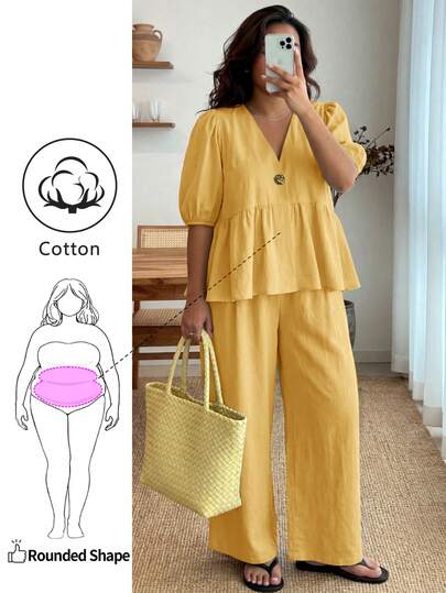 Enliva Plus-Size Women's Ruffled Puff Sleeve Two Pieces Set, V-Neck Cardigan Top And Stretch Waist Trousers Set
