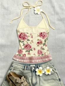 INAWLY Women's Floral Print Casual Halter Neck Top - Multicolor - View 2