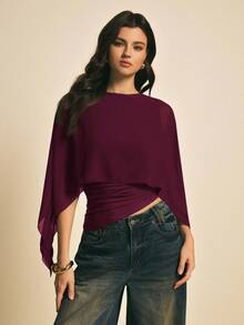 Poéselle Women's Solid Color Round Neck Batwing Sleeve Pleated Fashionable Blouse,Summer Top - Red Violet - View 6