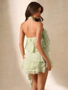 SHEIN BAE Đầm ngắn màu xanh lá cây bằng vải chiffon, vạt bất đối xứng, hở lưng, viền bèo nhún, thích hợp cho kỳ nghỉ biển, du lịch thường ngày, mặc hàng ngày hoặc đi nghỉ mát. - màu xanh lá - Xem 2