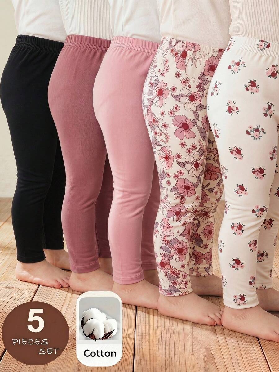 SHEIN 女婴休闲可爱百搭针织花卉图案松紧腰裤 - 彩色 - 查看 1
