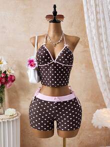 Swim Mod 3 قطع مجموعة ملابس علوية خزامى مطبوعة بنقاط وشورت شاطئ، مزينة بفيونكة، لطيفة وحلوة - متعدد الألوان - مشاهدة 4