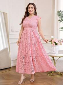Reflora Đầm dài ren thanh lịch, lãng mạn dành cho nữ cỡ lớn, màu hồng, thích hợp cho mùa hè. - Hồng - Xem 6