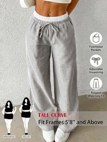 SHEIN Tall CURVE 大码女式豹纹字母贴花口袋阔腿休闲裤 - 彩色 - 查看 2