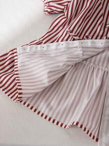 Tween Girls' Striped Vacation Style Set, Adorable Bow Decor On Front, Puff Sleeve Top + Casual Shorts, Comfortable Wear - Pink - View 10