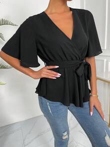 EMERY ROSE Solid Wrap Belted V-Neck Blouse Peplum Top - Black - View 3