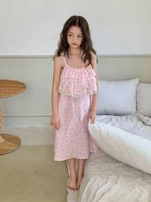 Dazy Kids Tween Girl Lace Patchwork Floral Print Casual Loungewear Pajama Set - Baby Pink - View 3