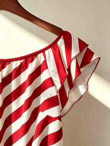 Franclia Off Shoulder Ruffle Trim Striped Blouse - Red - View 3