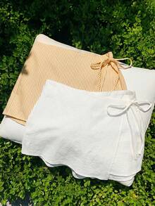 Comfortcana 2件組女款夏季休閒亞麻蝴蝶結裙褲，黃色條紋與白色抽繩圍裹短褲套裝，適合海灘度假 - 彩色 - 查看 3