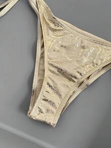 SHEIN Swim Women's Beach Swimwear Set With Metallic Decor For Summer Beach Vacation - Gold - View 5