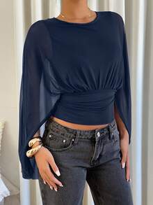 Siren Gaze Maglietta casual da donna a girocollo, con pieghe, aderente, di colore unito - Blu Navy - Visualizzare 3