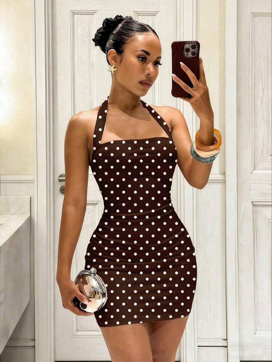 Slaydiva Đầm ngắn ôm sát hở lưng in chấm bi dành cho nữ - Nhiều màu - Xem 1