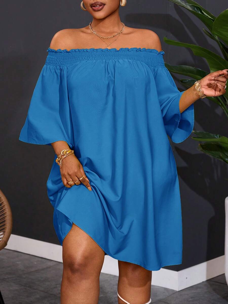 Slaydiva Plus Size Women's Off-Shoulder Elegant Commute & Vacation A-Line Dress - Mint Blue - View 1
