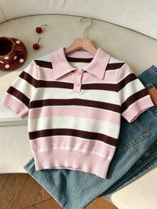 SHEIN EZwear Áo thun nữ kiểu dáng thường ngày, họa tiết kẻ sọc hồng và nâu, cổ polo, tay ngắn màu nâu đậm - Áo thun dáng ôm kiểu Pháp cổ điển, thanh lịch, dễ thương, nhẹ nhàng, phong cách vintage cho phái nữ, hoàn hảo. - Nhiều màu - Xem 4