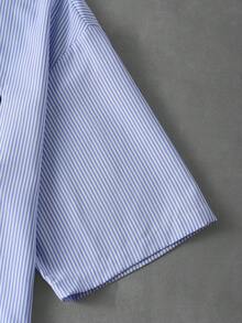 PAVTROS Men's Letter & Striped Print Front Button Casual Short Sleeve Shirt - Blue - View 6