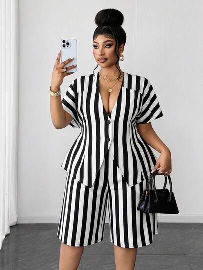 Maweii Spring/Summer Black & White Striped Print Casual Elegant Slimming Vacation Outfit, Fashion Design Daily/Beach/Date/Commute Wear, Plus Size 2-Piece Set