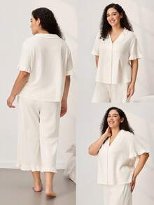 LUVLETTE Damen Große Größen atmungsaktive Baumwolle weiße Braut-Unterwäsche Kurzarm Knopfleiste Top & Hose luftige Loungewear süßes Pyjama Set Hose mit Taschen - Beige - Übersicht 3
