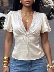 Slaydiva Blusa de satén champán con recortes de encaje, elegante y casual, de estilo de calle y de moda para ir al trabajo - Champán - Ver 6