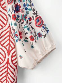 SHEIN CURVE+ Plus Size Floral Print Ruffle Trim Allover Print Loose Short Sleeve Shirt - Red - View 4