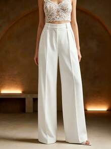 Anewsta Women's Solid Color Casual/Office Commute Versatile High-Waisted Draping Long Suit Pants - White - View 1