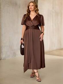 Roveilla Women's Spring/Summer Elegant Delicate Acetate Single-Sided Linen Music Festival Office Commute Casual Vacation Afternoon Tea Party Romantic High-End Sexy Shirred Ruched Waist Twist Knot A-Line Coffee Brown Long Dress - Coffee Brown - View 5