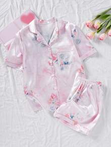 SHEIN Girls Elegant Pink Floral Print Collared Long Sleeve & Pants 2 Pieces Pajama Set, Comfortable Loungewear - Multicolor - View 3