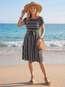 Sylviya Đầm Thắt lưng Tất cả trên in Boho - Đen và trắng - Xem 4