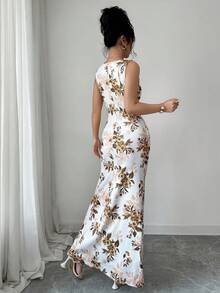 Elenzga Elegant Summer Floral Bodycon Dress,White And Brown French Square Neckline Mermaid Silhouette,Garden Party Wedding Vacation Date Formal Dress - Multicolor - View 2