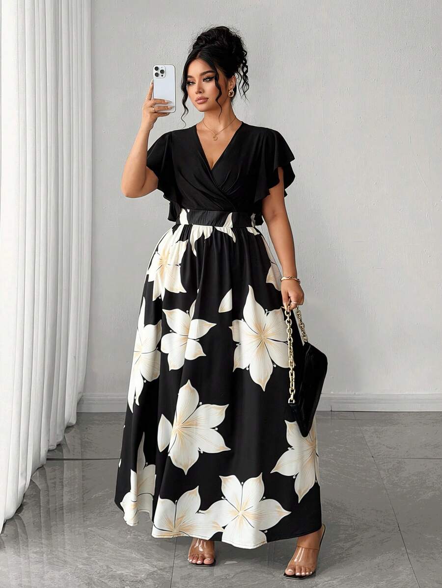 Elenzga Plus Size Elegant Floral Print Patchwork Dress, Summer - Black - View 1
