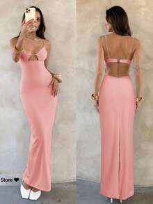 Aloruh Vestido elegante de unicolor sin espalda para mujer, de verano - Rosa - Ver 1