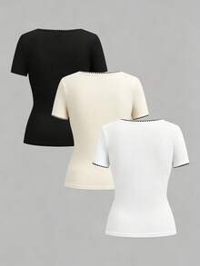 SHEIN EZwear 3件套女士休闲舒适撞色T恤，时尚 - 彩色 - 查看 3
