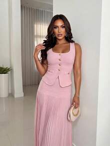 Structelle Women's Elegant Commuter Day Party Summer Set, Soft Pink Knit Cardigan With Metal Buttons Sleeveless Top + Pleated Skirt - Pink - View 6