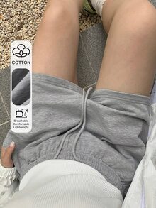 Dazy Plus Quần short thể thao dệt kim cạp chun màu trơn dành cho nữ cỡ lớn, thích hợp cho mùa xuân/hè. - Xám - Xem 1