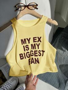 Comfortcana Plus Size Casual Slogan Print Sleeveless Tank Top, Spring/Summer - Yellow - View 5