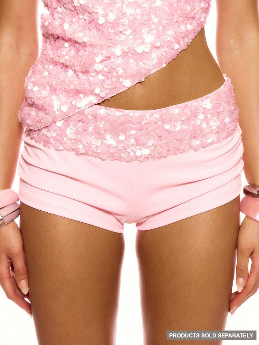 MUSERA Sequin Embellished Waist Ruched Side Micro Mini Shorts Coord Bottoms Only Cute Girly Summer Spring Ibiza Holiday Vacation Festival Fantasy - Pink - View 1