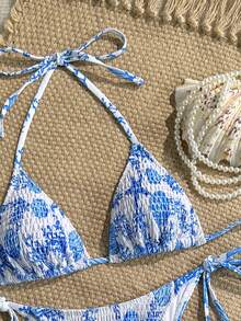 Swim Mod 女士泳装套装，蓝白海星印花，海滩度假泳池派对游轮休闲挂脖系带比基尼两件套泳衣 - 藍白色 - 查看 7