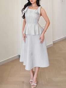Feyla Women's Elegant Rhinestone Sleeveless Mid-Length Dress, Summer - Khaki - View 3