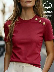 EMERY ROSE Áo thun cotton mùa hè dành cho nữ, chất liệu dệt kim, co giãn, ôm sát, cổ tròn, tay raglan, có nút trang trí, thắt eo, thời trang, thanh lịch, thoải mái. - Đỏ - Xem 6