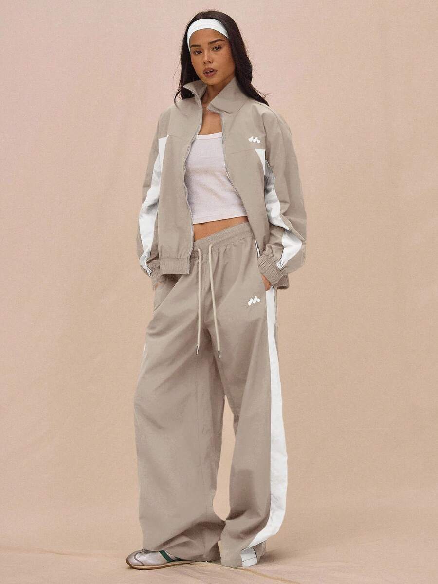 MUSERA Drawstring Waist Nylon Contrast Panel Wide Leg Tracksuit Bottoms Only Airport Casual Summer Holiday - Grey - View 1