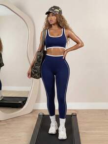 BamGleam Women's Minimalist Seamless High Elasticity Contrast Trim Sports Bra And Leggings Set Yoga Leggings Set Navy Workout Set 2 Piece Sport Set Two Piece Active Set Two Piece Set Women Leggings - Navy Blue - View 1
